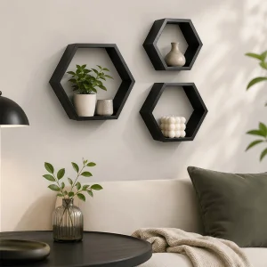Wooden Hexagon Floating Shelves – Set of 3