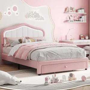Kids Velvet Upholstered Bed with LED Crown Headboard