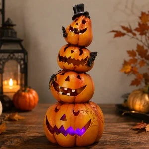 Light-Up Stacked Pumpkin Halloween Figurine